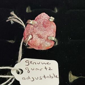 GEODE RING, GENUINE PINK AGATE, REAL GEM CHUNK REALLY SPARKLES, WITH SILVER-TONE